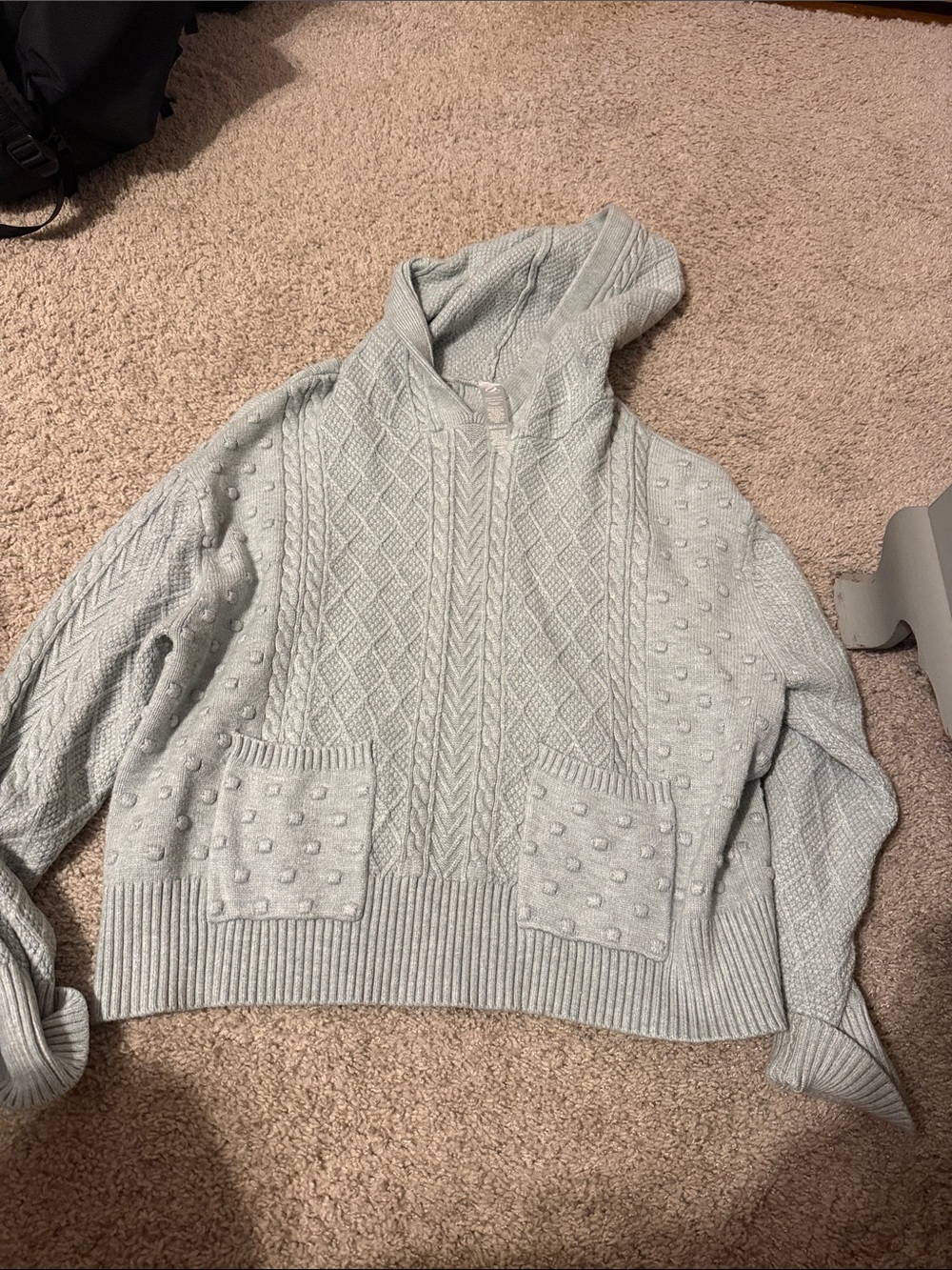 Women's Light Blue V-Neck Cable Knit Hoodie Sweater